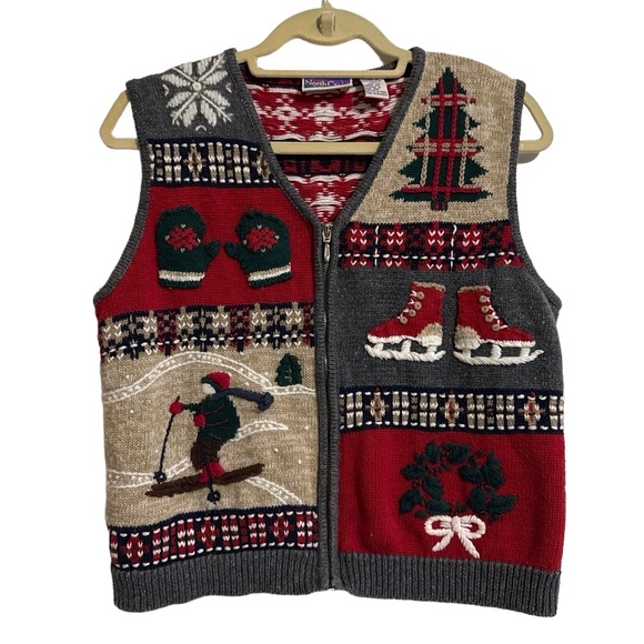North Crest Womens M Christmas Sweater Vest Red Multi Zipper Festive Holiday - Picture 1 of 3